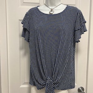 Adrianna Papell Blue & White Check Ruffle Short Sleeve Blouse Size L imagem 1