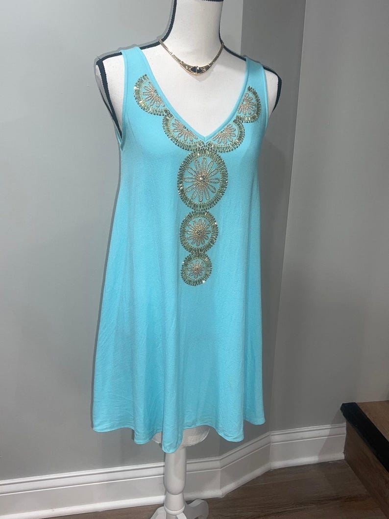 Lilly Pulitzer Turquoise Embellished Mini Dress XS Sleeveless Beaded Shift Dress image 7