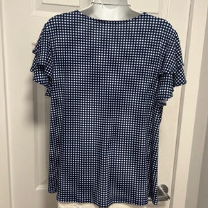 Adrianna Papell Blue & White Check Ruffle Short Sleeve Blouse Size L imagem 10