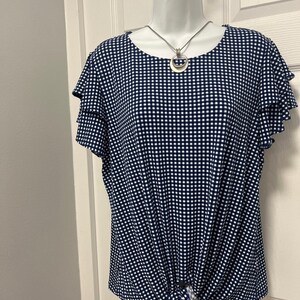 Adrianna Papell Blue & White Check Ruffle Short Sleeve Blouse Size L imagem 5