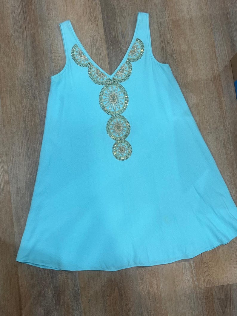 Lilly Pulitzer Turquoise Embellished Mini Dress XS Sleeveless Beaded Shift Dress image 2