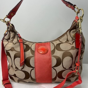 COACH Signature Jacquard Shoulder Bag Brown Orange Leather Canvas