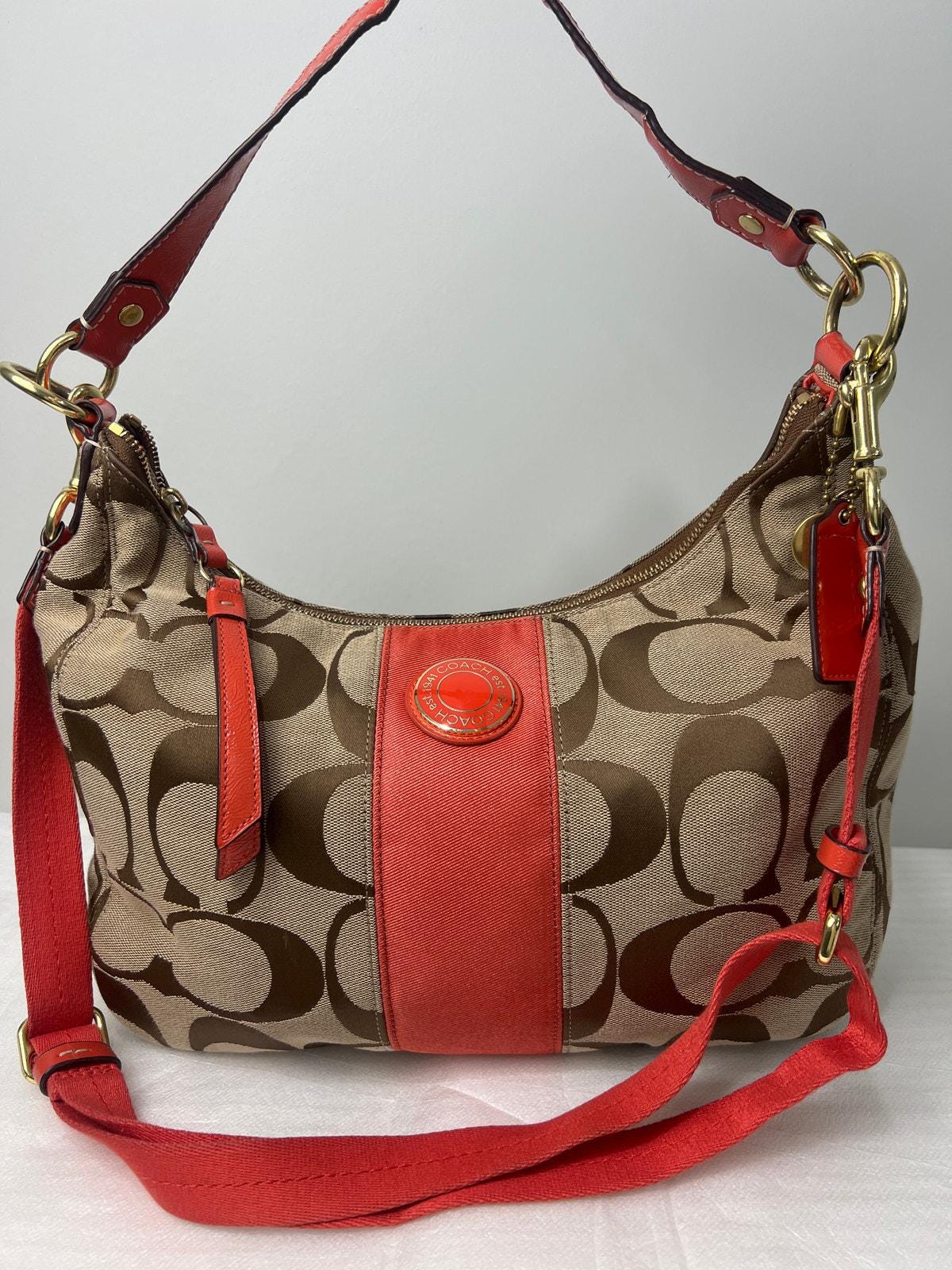 COACH Signature Jacquard Shoulder Bag Brown Orange Leather Canvas