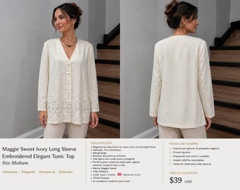 Vintage Maggie Sweet Ivory Long Sleeve Embroidered Elegant Tunic Top Medium Sale!!!