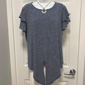 Adrianna Papell Blue & White Check Ruffle Short Sleeve Blouse Size L imagem 6