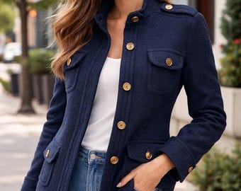 Anna Sui Navy Wool Military Style Jacket Blazer Size 6 USA