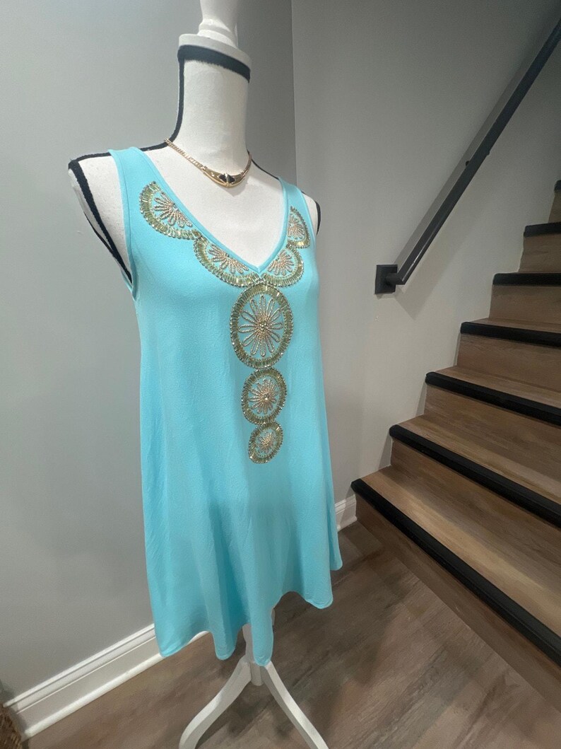 Lilly Pulitzer Turquoise Embellished Mini Dress XS Sleeveless Beaded Shift Dress image 9