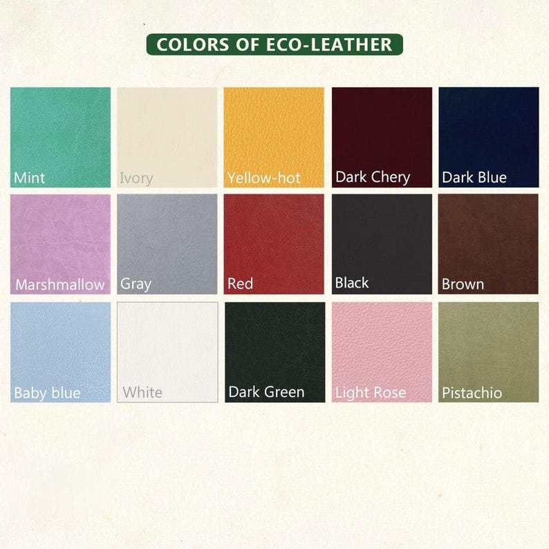 Op de afbeelding: Een kleurenkaart met stalen van eco-leer in verschillende tinten. Kleuren zijn onder meer mint, ivoor, geel-heet, donkerkers, donkerblauw, marshmallow, grijs, rood, zwart, bruin, babyblauw, wit, donkergroen, lichtroze en pistache. De tekst "COLORS OF ECO-LEATHER" staat bovenaan.