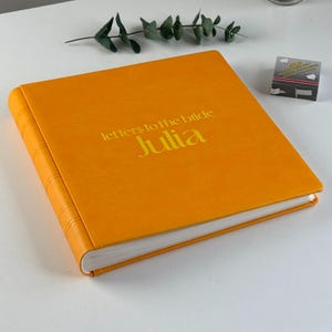 May include: An orange leather-bound book with the words "Letters to the Bride Julia" in gold lettering. The book has a textured cover and a spine with decorative stitching. The pages are white.