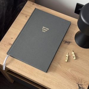 Peut inclure: Un journal gris avec le texte doré "BETTER EVERY DAY" est ouvert sur une table de chevet en bois. Un signet en ruban blanc dépasse du journal. Deux boucles d'oreilles dorées sont à côté du journal. Une lampe noire est en arrière-plan.
