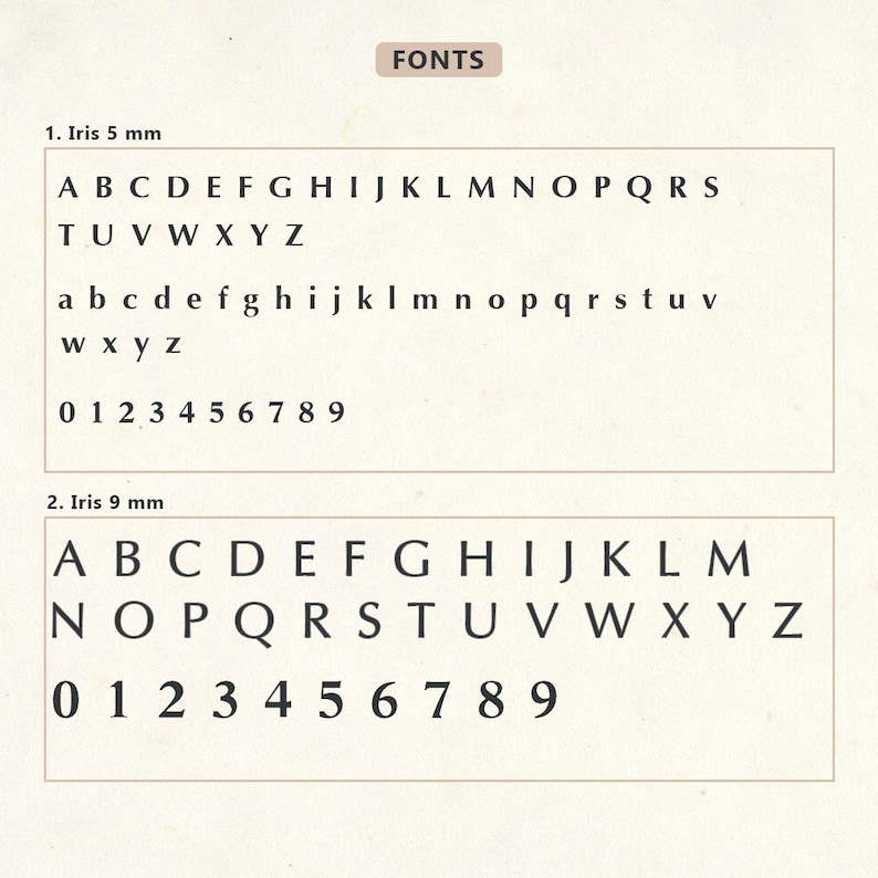 Op de afbeelding: Een beige pagina toont twee lettertypevoorbeelden, getiteld "Fonts". De eerste, "Iris 5 mm", toont hoofdletters en kleine letters, en cijfers. De tweede, "Iris 9 mm", presenteert een groter hoofdletteralfabet en cijfers.