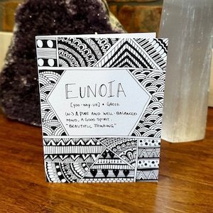 Eunia Karte | Inspirationskarte | Schwarz Weiß Grußkarte | Boho | Zen-Kunst | Handgezeichnet | Blanko Karte|Celebration| Zentangle | Griechisch