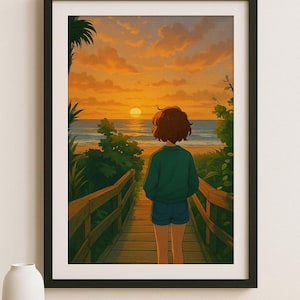 Digital poster Ghibli style - sunrise by the sea