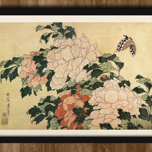 Framed Hokusai, Peonies and Butterfly, 1832