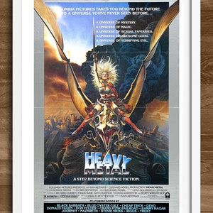 May include: A movie poster for the 1981 animated film Heavy Metal. The poster features a woman riding a winged creature with a sword in her hand. The poster is set against a backdrop of a futuristic city. The text on the poster reads "Heavy Metal: A Step Beyond Science Fiction."