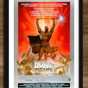 May include: A movie poster for the 1981 animated film Heavy Metal. The poster features a muscular man holding a spear, with a woman in a bikini standing next to him. The poster is set against a red and orange background, with the title "Heavy Metal" in large, white letters. The poster also includes a list of the film's musical contributors, including Black Sabbath, Blue Oyster Cult, Cheap Trick, Devo, and more.