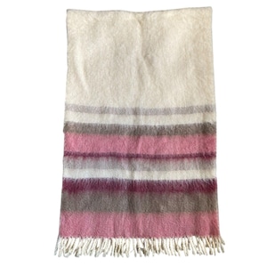 May include: A white throw blanket with pink, brown, and gray stripes and a fringe border.