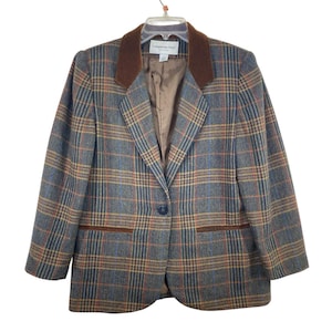Vintage Women's Blazer Size 8 Petite Plaid Velvet Collar Preppy Classic Office image 1