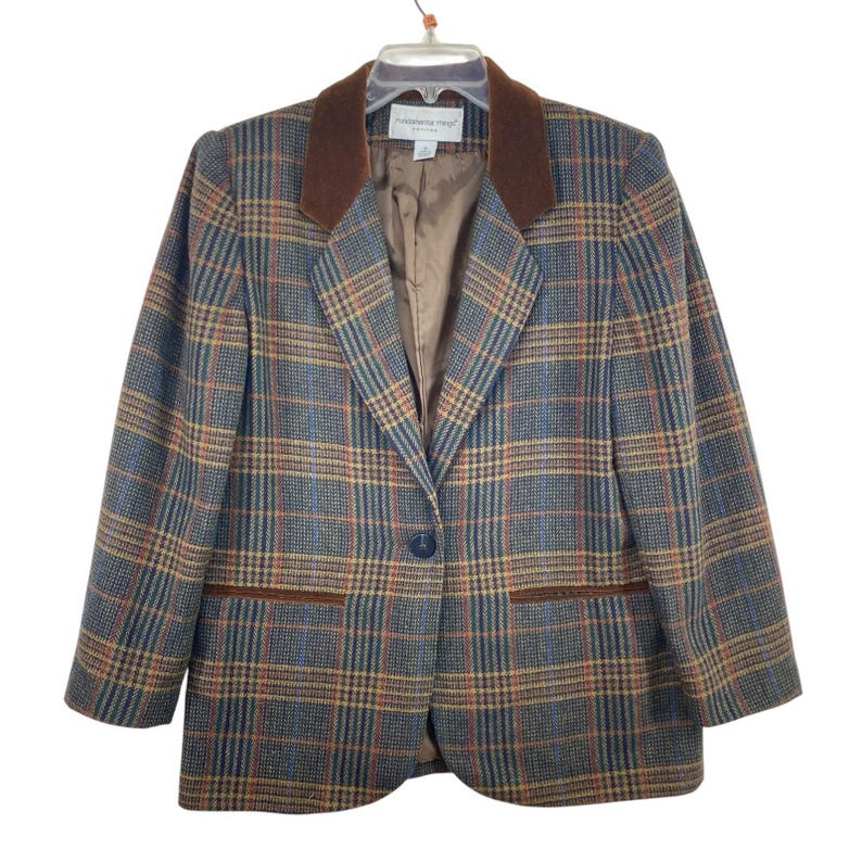 Vintage Women's Blazer Size 8 Petite Plaid Velvet Collar Preppy Classic Office image 1
