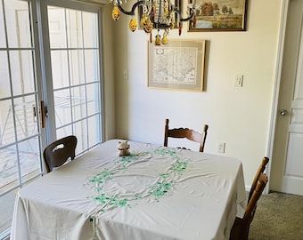 Vintage 70s Hand Sewn Embroidered Applique Floral Tablecloth 70x88" Country