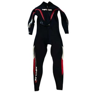 May include: Black wetsuit with red and white accents. The wetsuit has a full-body design with long sleeves and legs. The brand name "RIP CURL" is visible in white lettering on the chest and leg. The wetsuit has a zipper closure and is designed for water sports.