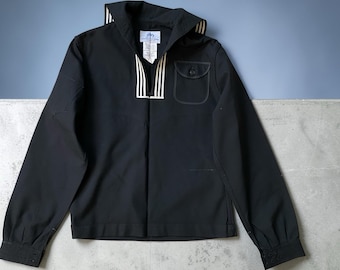 Vintage jaren 70 Amerikaanse marineblauwe trui blauwe jurk heren 42L Cracker Jack Wool Vietnam-tijdperk