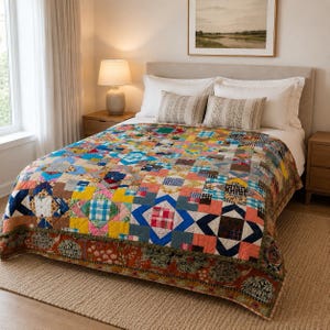 May include: A patchwork quilt featuring a variety of colourful fabric squares in geometric patterns, including blue, yellow, red, and green tones. The quilt has a wide border with a floral print and is draped over a bed with two neutral pillows.