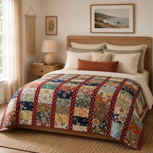May include: A patchwork quilt featuring a variety of floral patterns in shades of blue, green, yellow, and orange, separated by vertical strips of dark red fabric with white dots. The quilt covers a bed with multiple pillows in neutral tones.