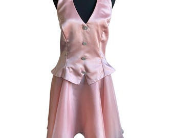 Vintage 1990s Dave and Johnny Cocktail Mini Dress L Tuxedo Pink Satin Rhinestones Burlesque