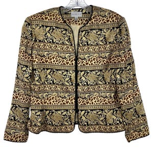 Kurtka jedwabna vintage Adrianna Papell, rozmiar 16, skrócona, wielokolorowy szalik, wzór glamour zdjęcie 1