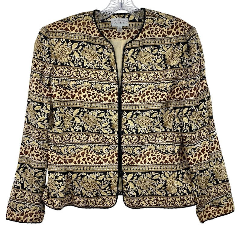 Kurtka jedwabna vintage Adrianna Papell, rozmiar 16, skrócona, wielokolorowy szalik, wzór glamour zdjęcie 1
