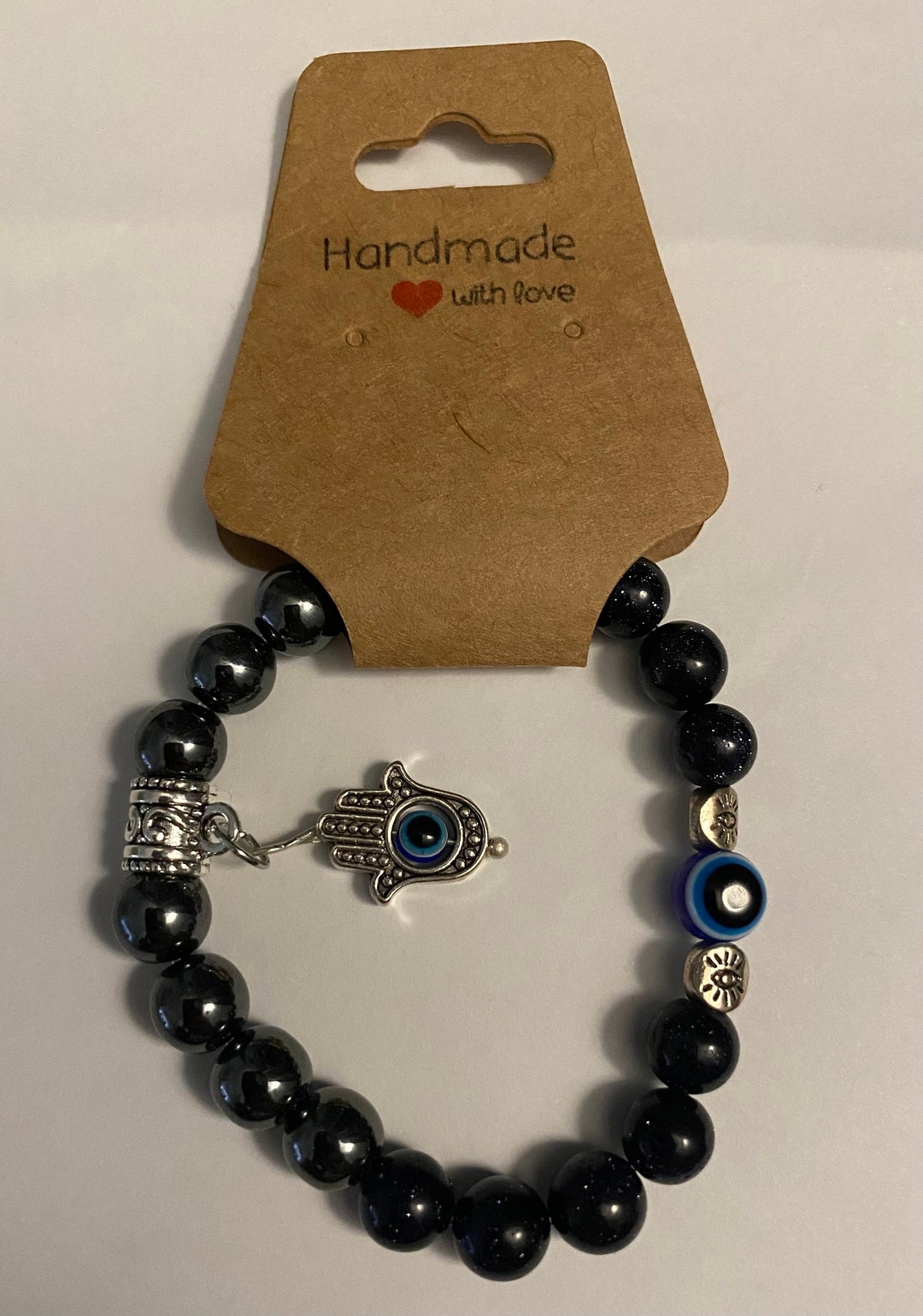 Natural Hematite Evil Eye Protection Charm Bracelet With Blue Goldstone