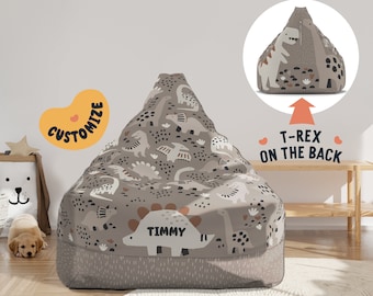 Beanbag Chair Cover Kids, Large Floor Cushion Seating, Personalized Name Toddler Chair, Dinosaur