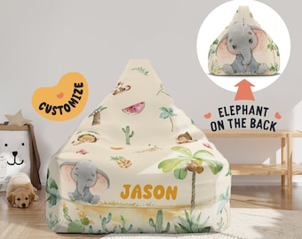 Beanbag Chair Cover Kids, Large Floor Cushion Seating, Personalized Name Toddler Chair, Elephant