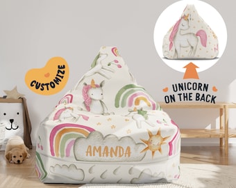 Beanbag Chair Cover Kids, Large Floor Cushion Seating, Personalized Name Toddler Chair, Unicorn