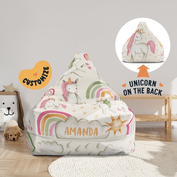 Beanbag Chair Cover Kids, Large Floor Cushion Seating, Personalized Name Toddler Chair, Unicorn