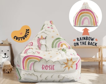 Beanbag Chair Cover Kids, Large Floor Cushion Seating, Personalized Name Toddler Chair, Rainbow