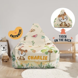 Beanbag Chair Cover Kids, Large Floor Cushion Seating, Personalized Name Toddler Chair, Tiger