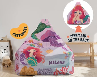 Beanbag Chair Cover Kids, Large Floor Cushion Seating, Personalized Name Toddler Chair, Mermaid