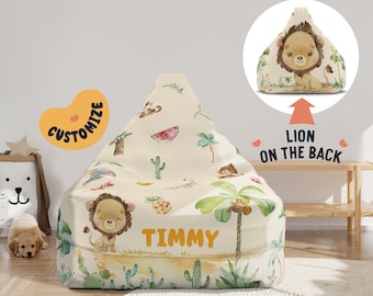 Beanbag Chair Cover Kids, Large Floor Cushion Seating, Personalized Name Toddler Chair, Lion