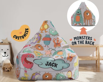 Beanbag Chair Cover Kids, Large Floor Cushion Seating, Personalized Name Toddler Chair, Monsters