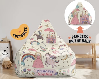 Beanbag Chair Cover Kids, Large Floor Cushion Seating, Personalized Name Toddler Chair, Princess