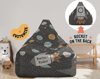 Beanbag Chair Cover Kids, Large Floor Cushion Seating, Personalized Name Toddler Chair, Rocket