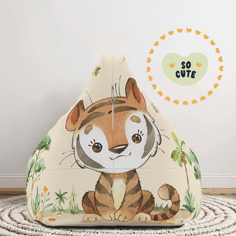 Beanbag Chair Cover Kids, Large Floor Cushion Seating, Personalized Name Toddler Chair, Tiger