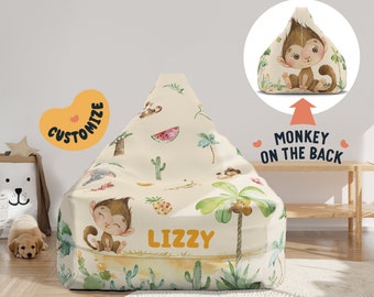 Beanbag Chair Cover Kids, Large Floor Cushion Seating, Personalized Name Toddler Chair, Monkey