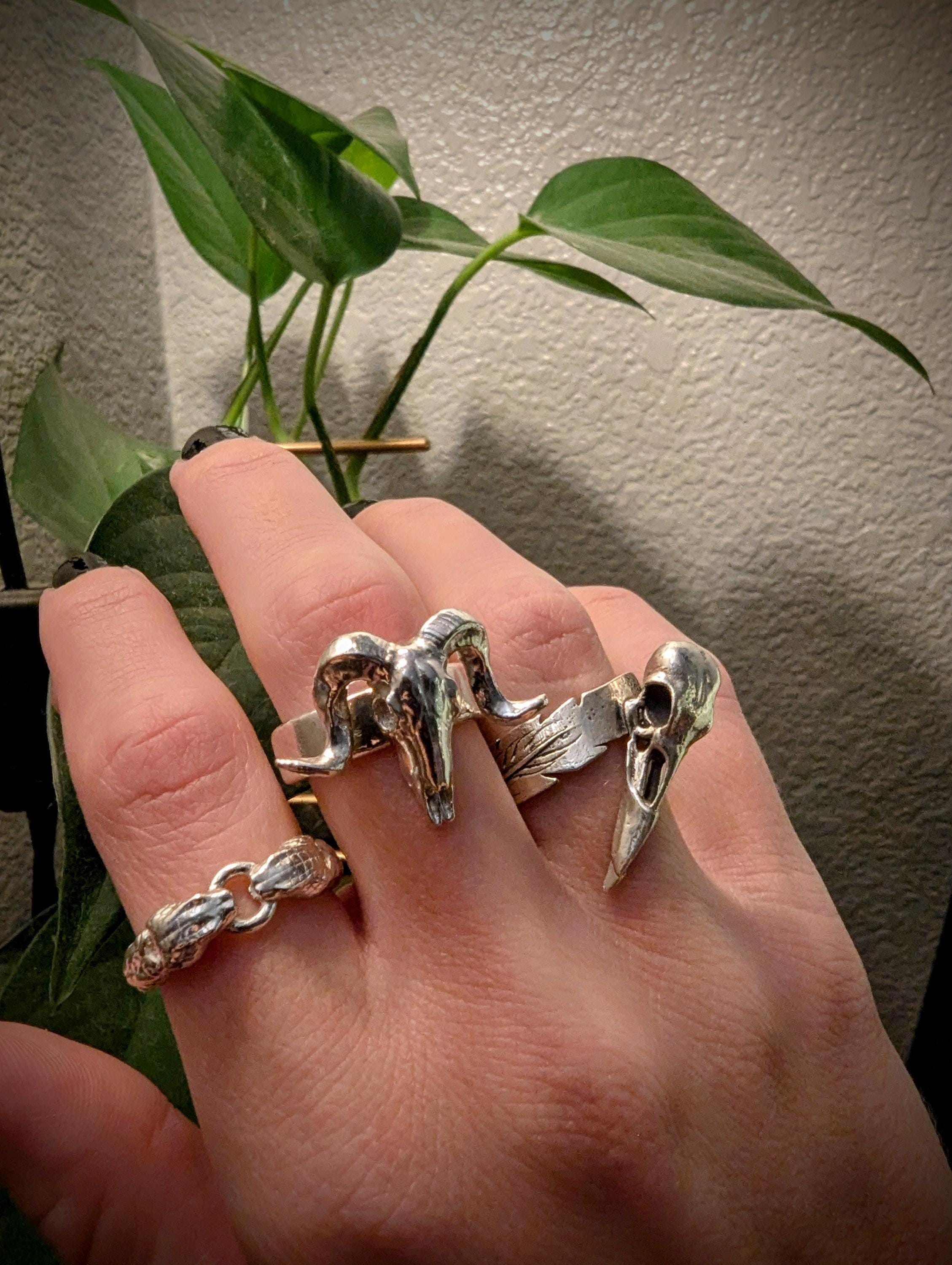 Sterling Silver Raven Skull Feather Ring - Etsy