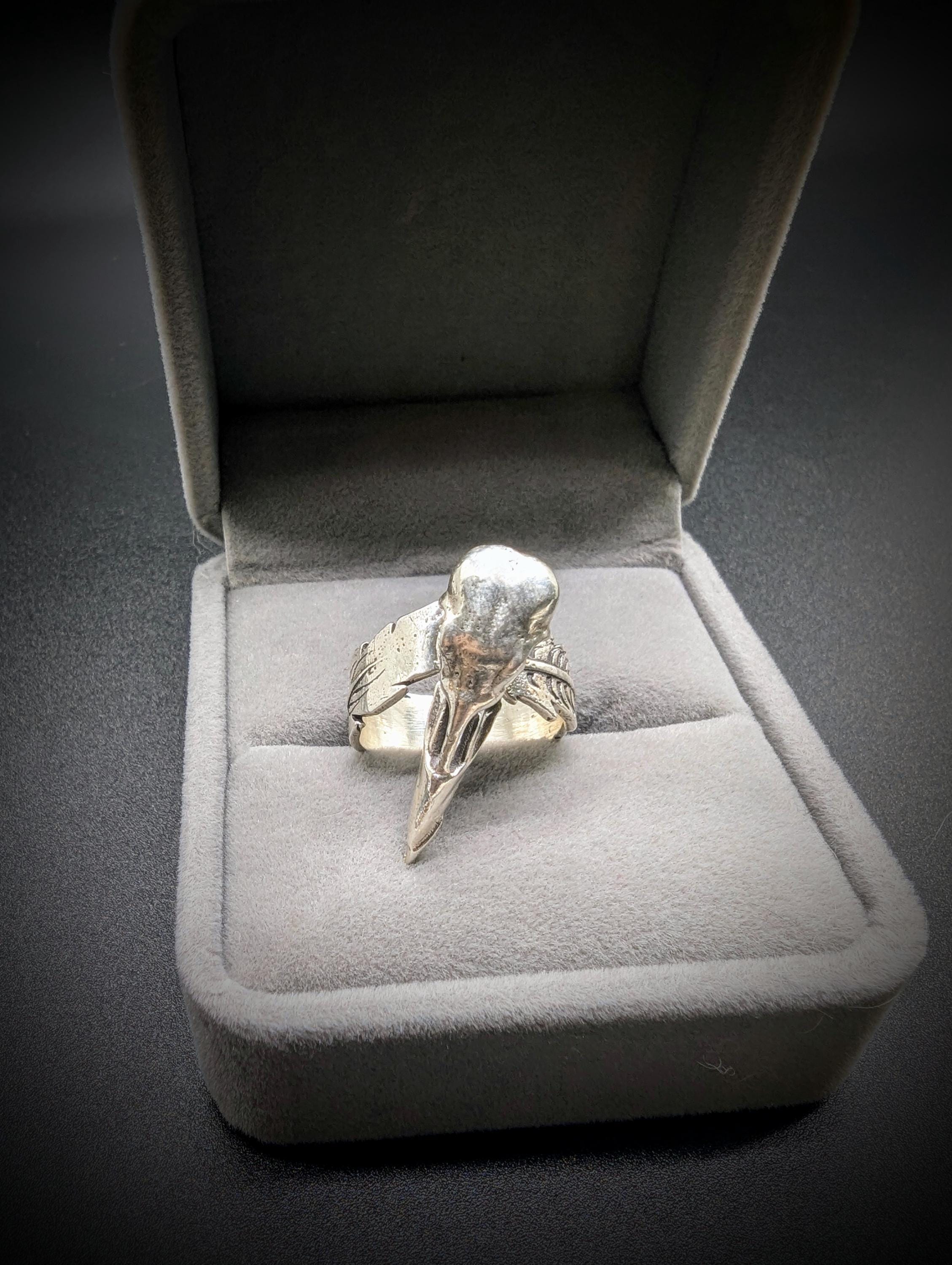 Sterling Silver Raven Skull Feather Ring