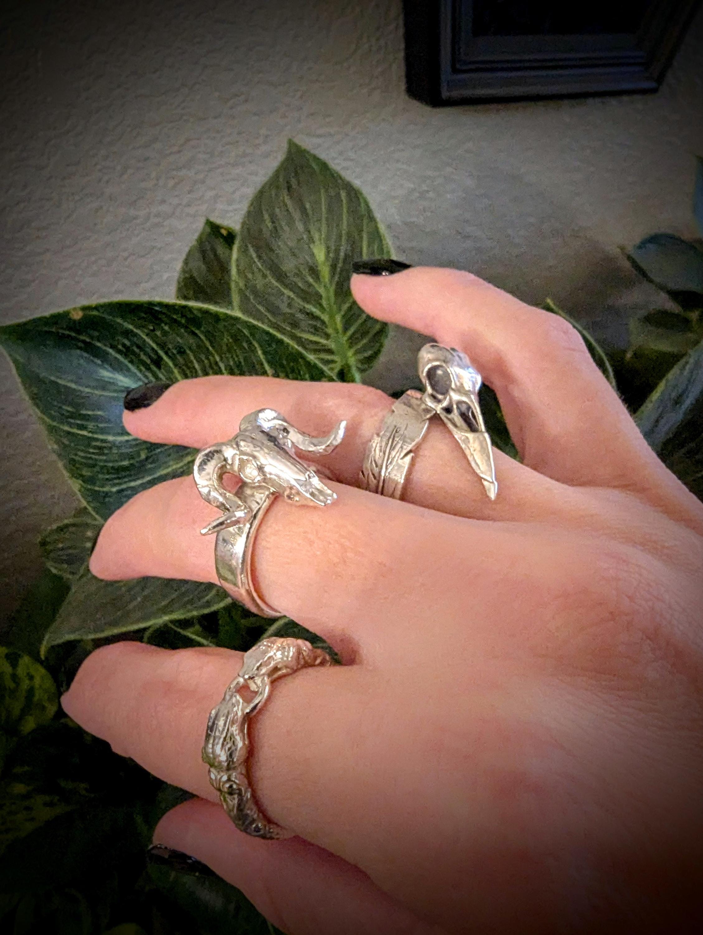 Sterling Silver Raven Skull Feather Ring - Etsy