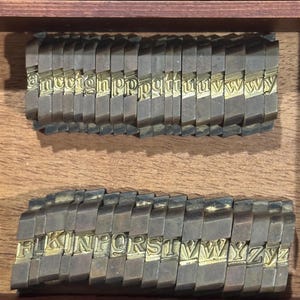 May include: Close-up of vintage metal letterpress type blocks arranged in a wooden drawer. The blocks are made of metal with raised letterforms in a serif font. The letters are in various sizes and include uppercase and lowercase letters.