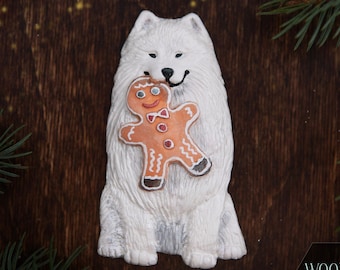 Samoyed / American Eskimo dog Christmas Collection - gingerbread - fridge magnet, keychain or hanging ornament - handmade relief figurine
